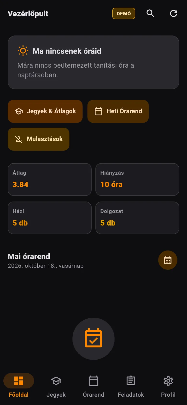 A Pala telefonos alkalmazás főoldala demó adatokkal