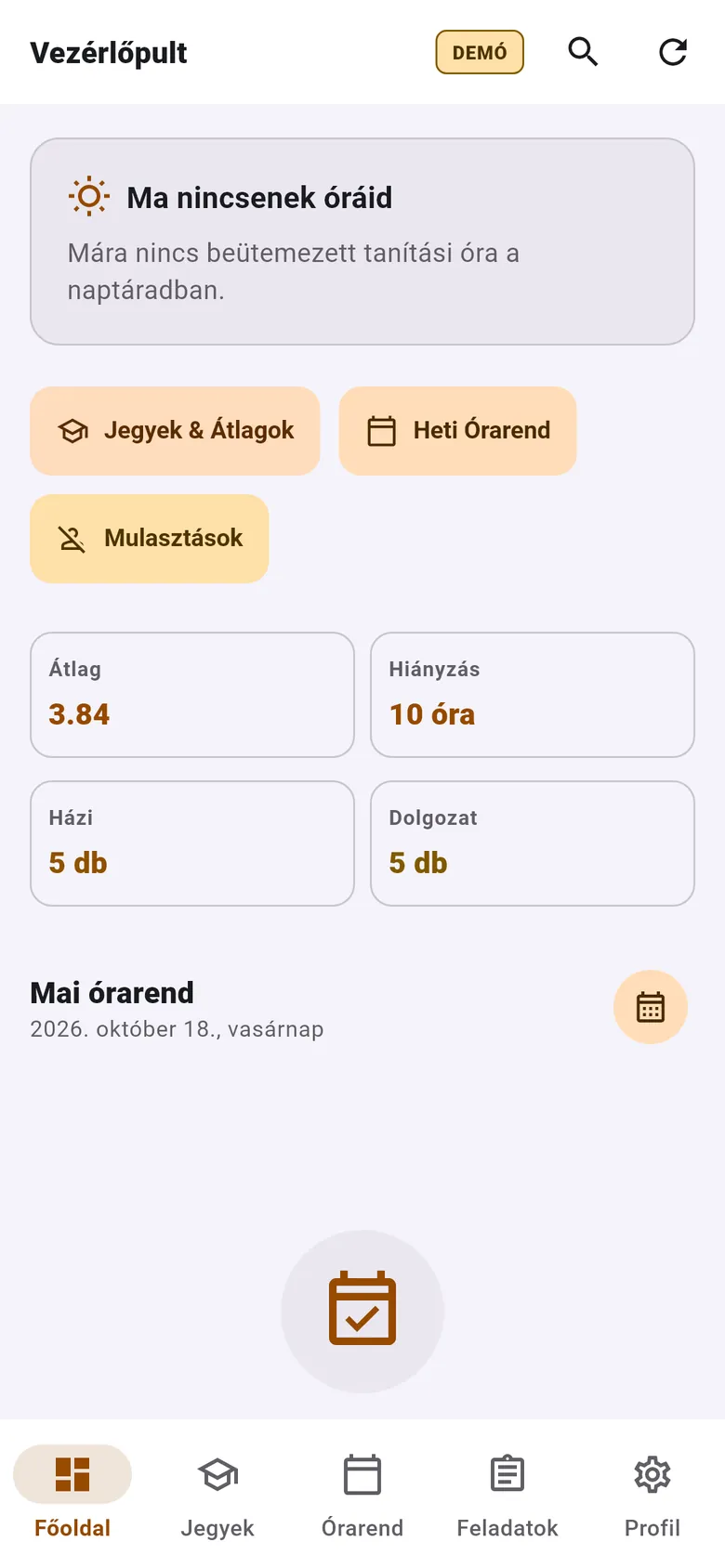 A Pala telefonos alkalmazás főoldala demó adatokkal